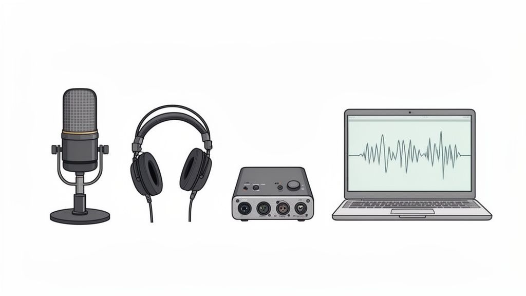A complete podcasting setup featuring a microphone, headphones, audio interface, and a laptop with a waveform.
