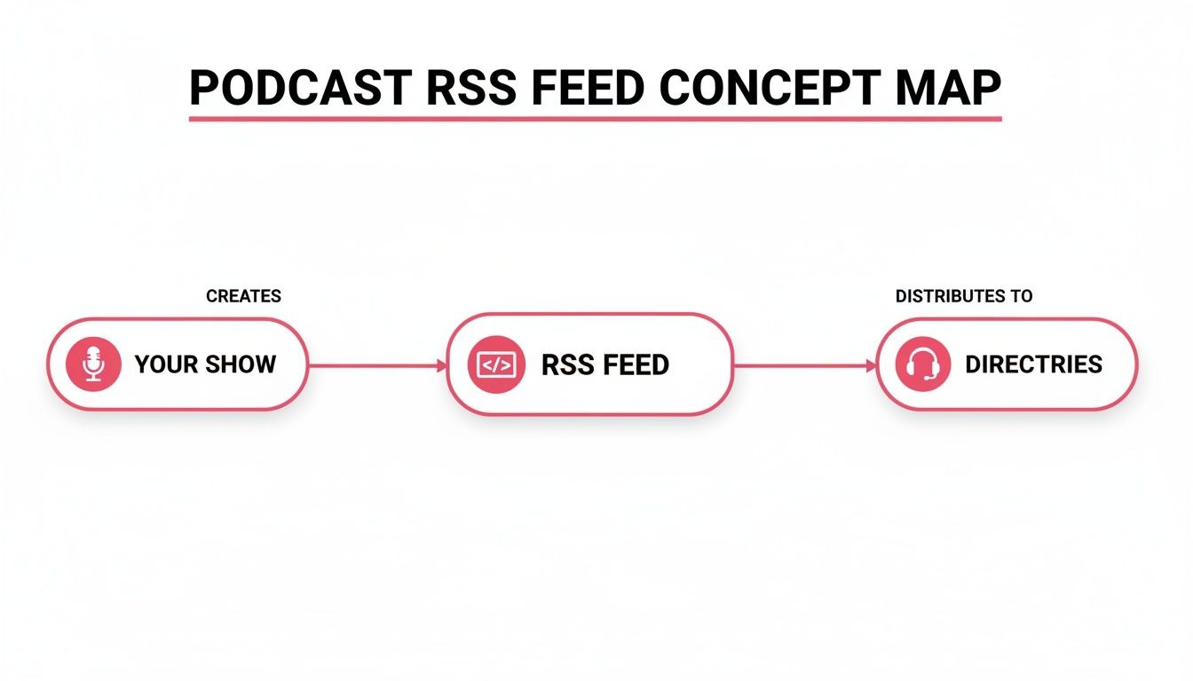 A concept map showing that your podcast show creates an RSS feed, which then distributes to directories.