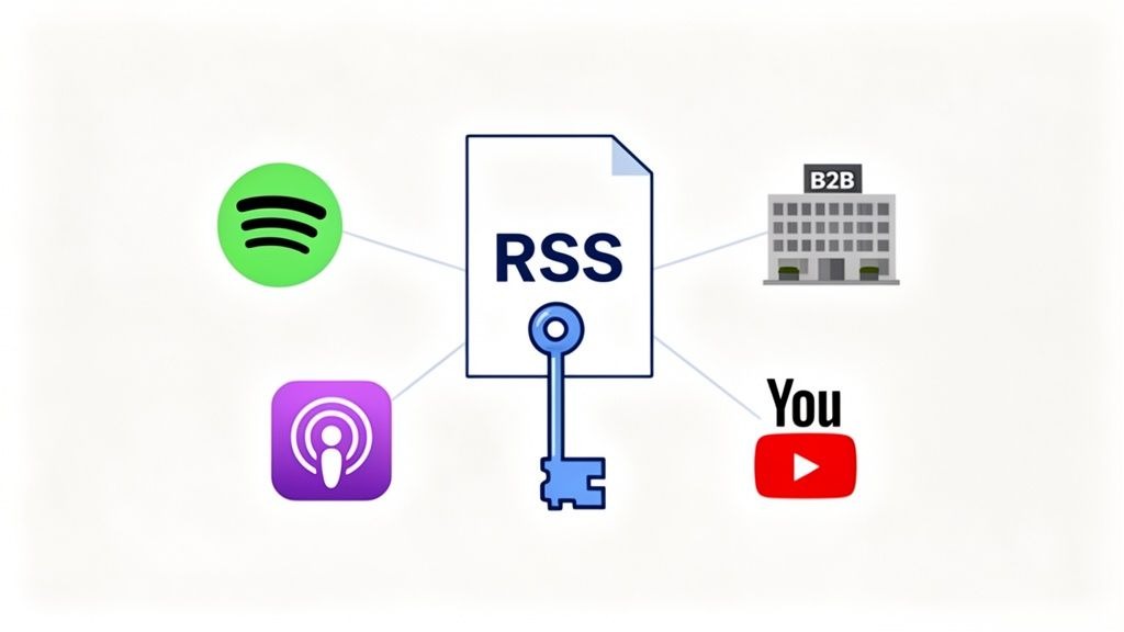 An RSS feed with a key connects to Spotify, Apple Podcasts, YouTube, and B2B services.