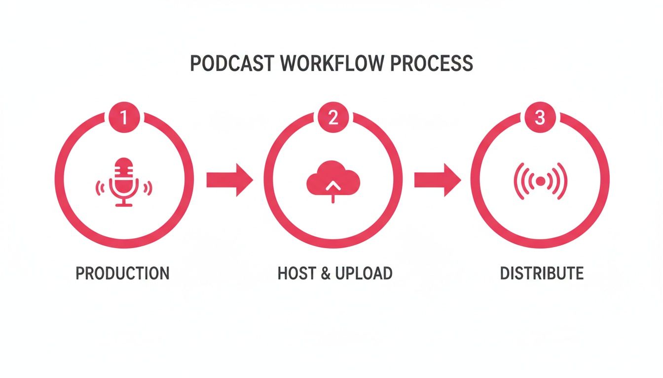 Visual representation of the podcast workflow process: production, hosting, and distribution steps with icons.