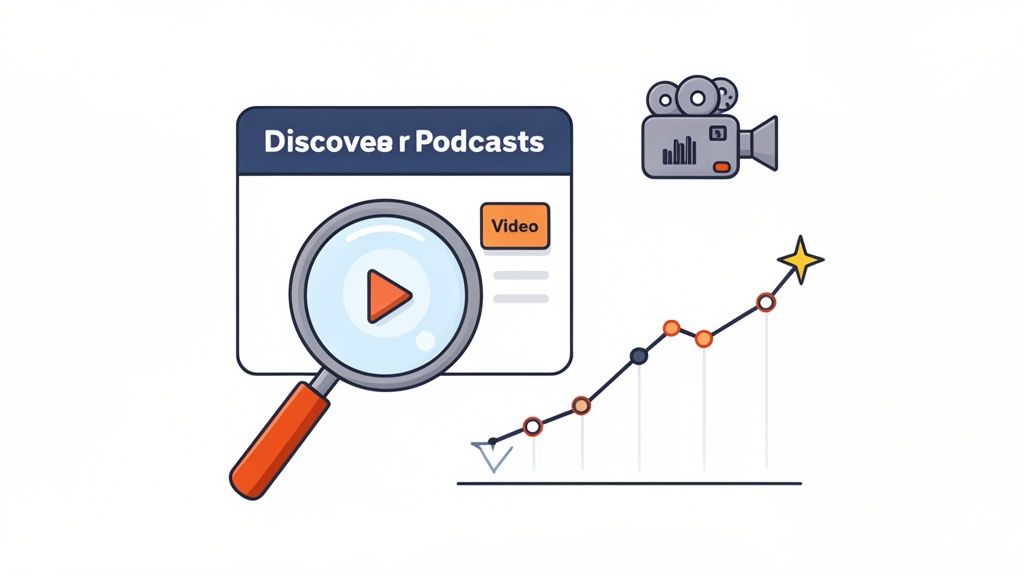 An illustration of discovering video podcasts, a camera icon, and a rising growth chart with a star.