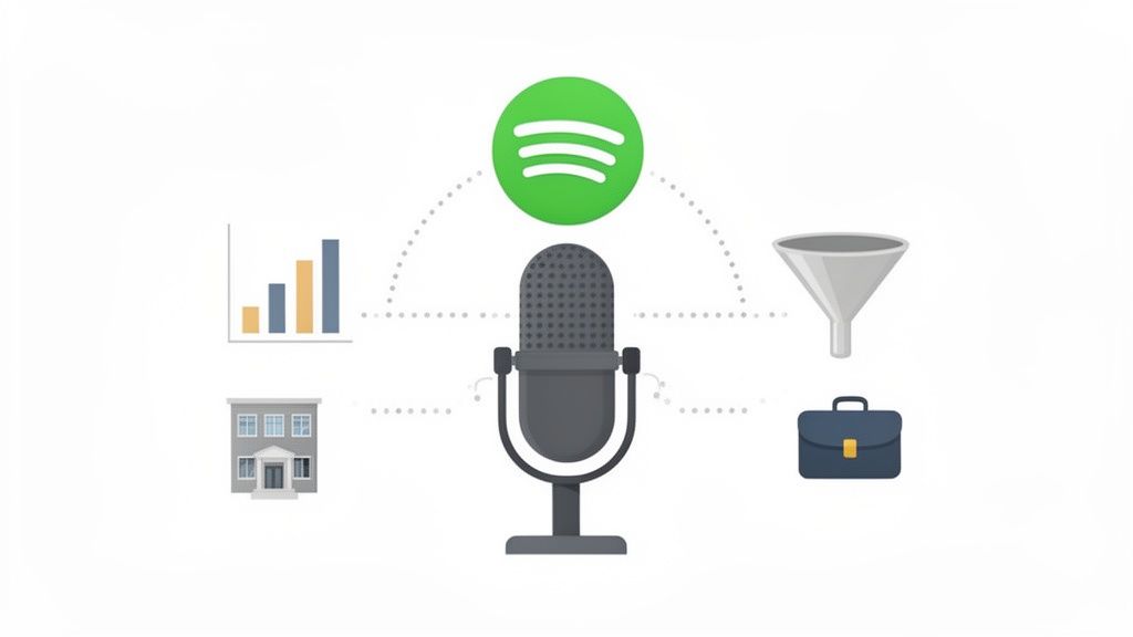 A podcasting microphone and Spotify logo linked to icons representing analytics, business, and sales funnels.