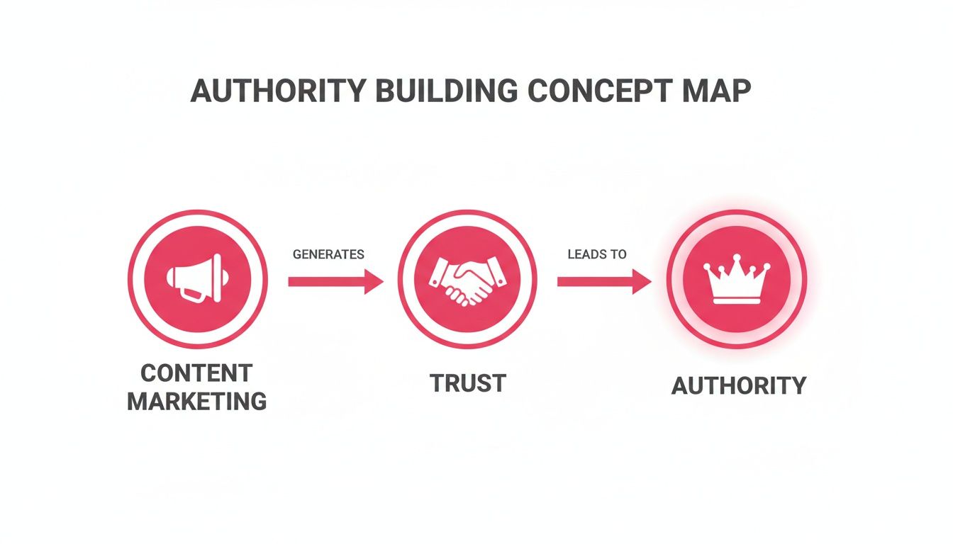 A concept map showing that content marketing generates trust, which then leads to authority.