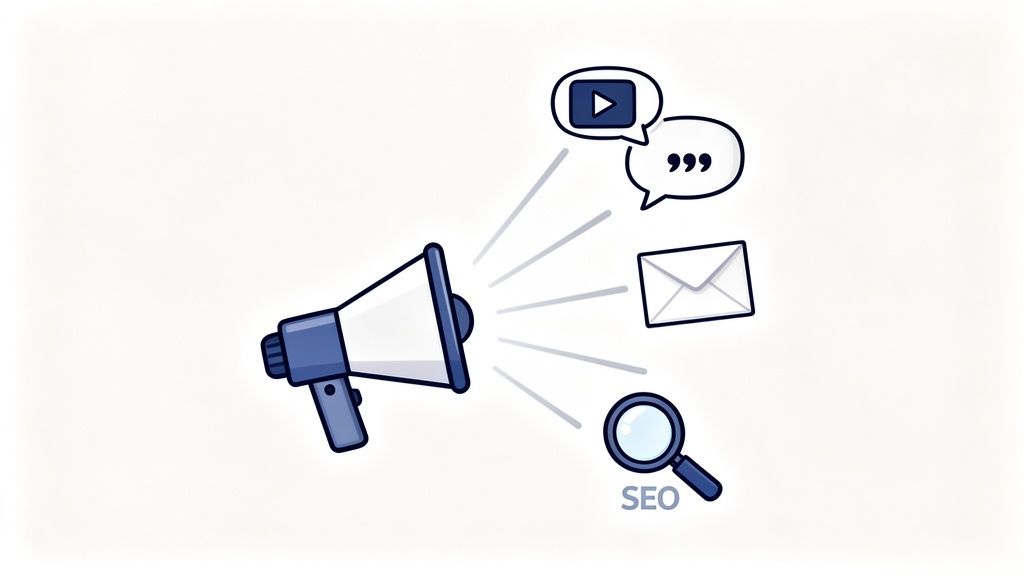 Illustration of content marketing strategies: video, quotes, email, and SEO broadcast from a megaphone.
