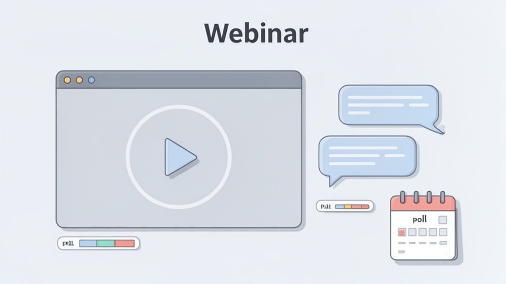 An illustration of a webinar featuring a video player, chat bubbles, and poll results.