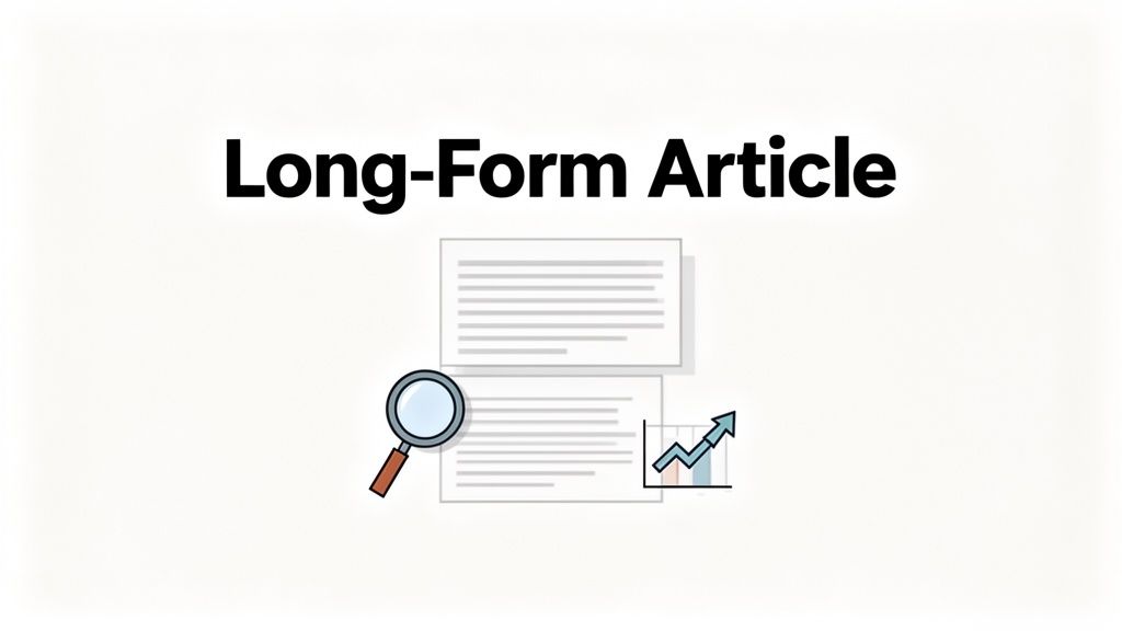 An illustration of a long-form article, featuring documents, a magnifying glass, and a rising graph.