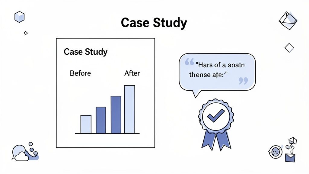 A Case Study diagram featuring a bar chart illustrating before and after results, a quote bubble, and an award badge.