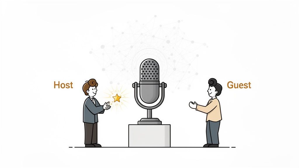 Cartoon host and guest conducting a podcast interview with a microphone and glowing star.