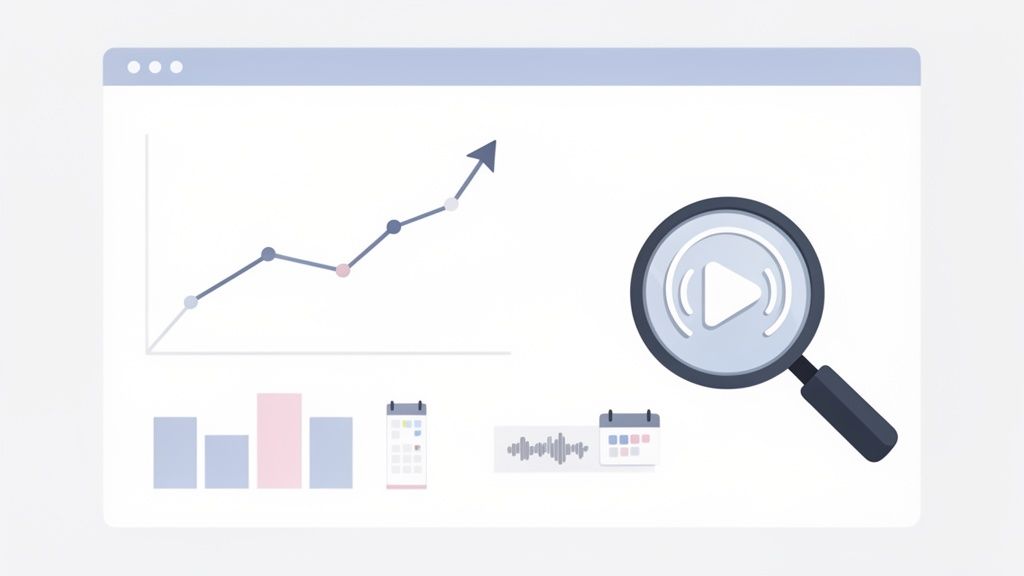 Data analytics dashboard displaying trend line, bar graphs, calendar events, and media search icon.