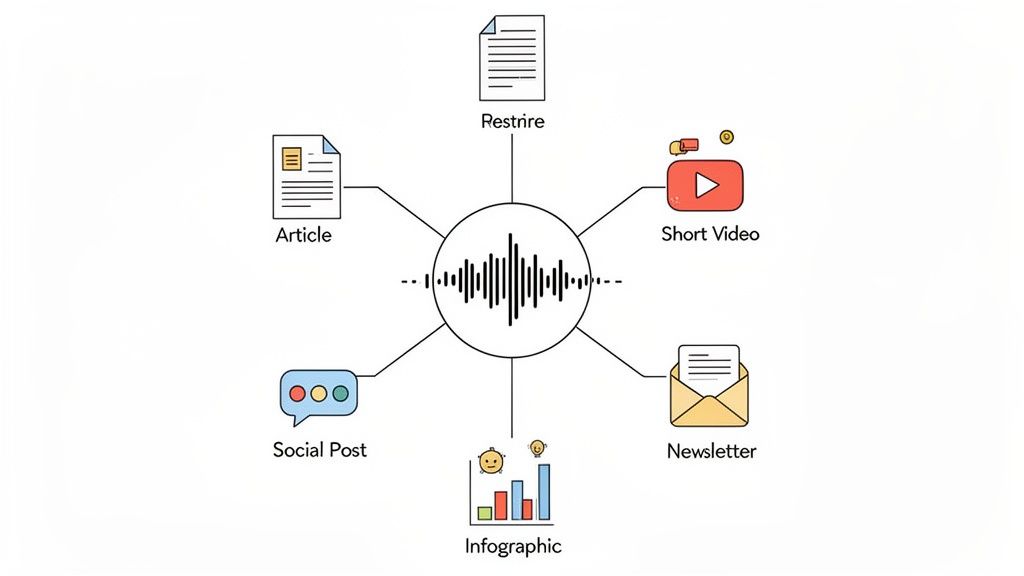 Diagram showing an audio waveform converting into article, short video, newsletter, infographic, and social posts.
