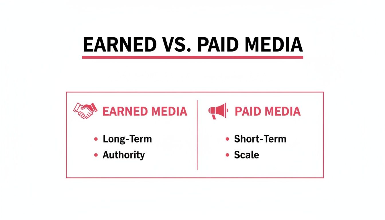 A comparison chart outlining the differences between earned media and paid media characteristics.