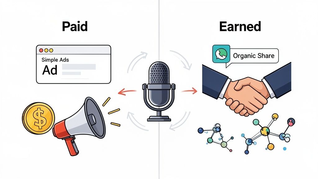 Infographic comparing paid media (ads, megaphone, money) and earned media (organic sharing, networking) with a central microphone.