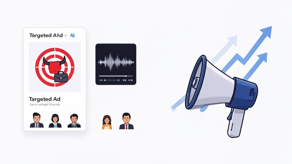 Illustration of targeted advertising with a bullseye, diverse audience, audio waveform, and a megaphone with growth arrows.