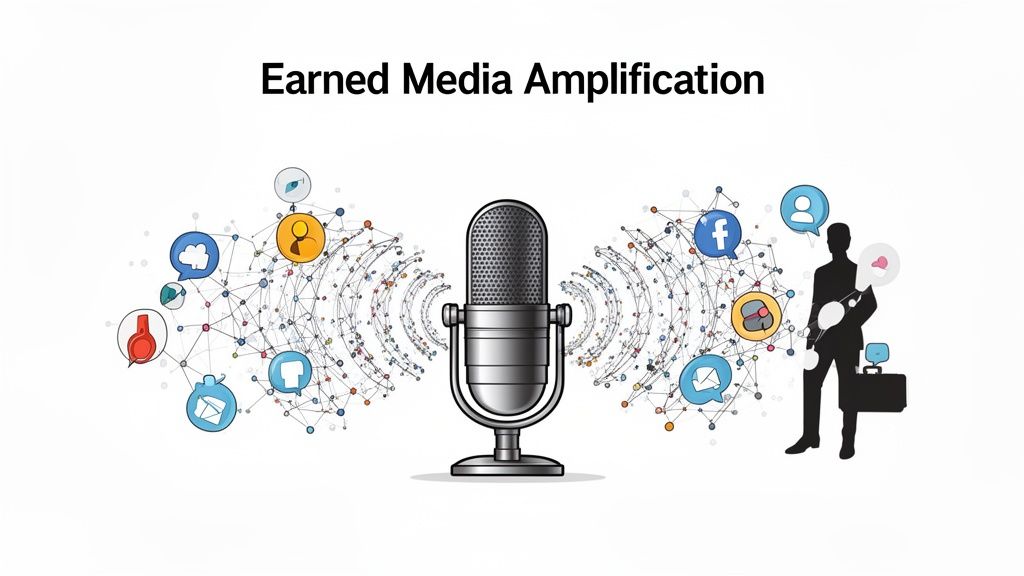 A microphone amplifies earned media messages across a network of social media icons and communication channels.