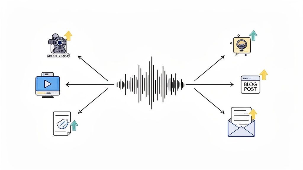 Diagram showing an audio waveform converting into various content formats like video, podcasts, blogs, and emails for distribution.
