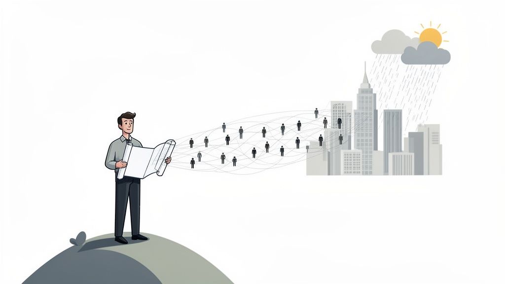 A man with blueprints connects a network of people icons to a city skyline with clouds and sun.