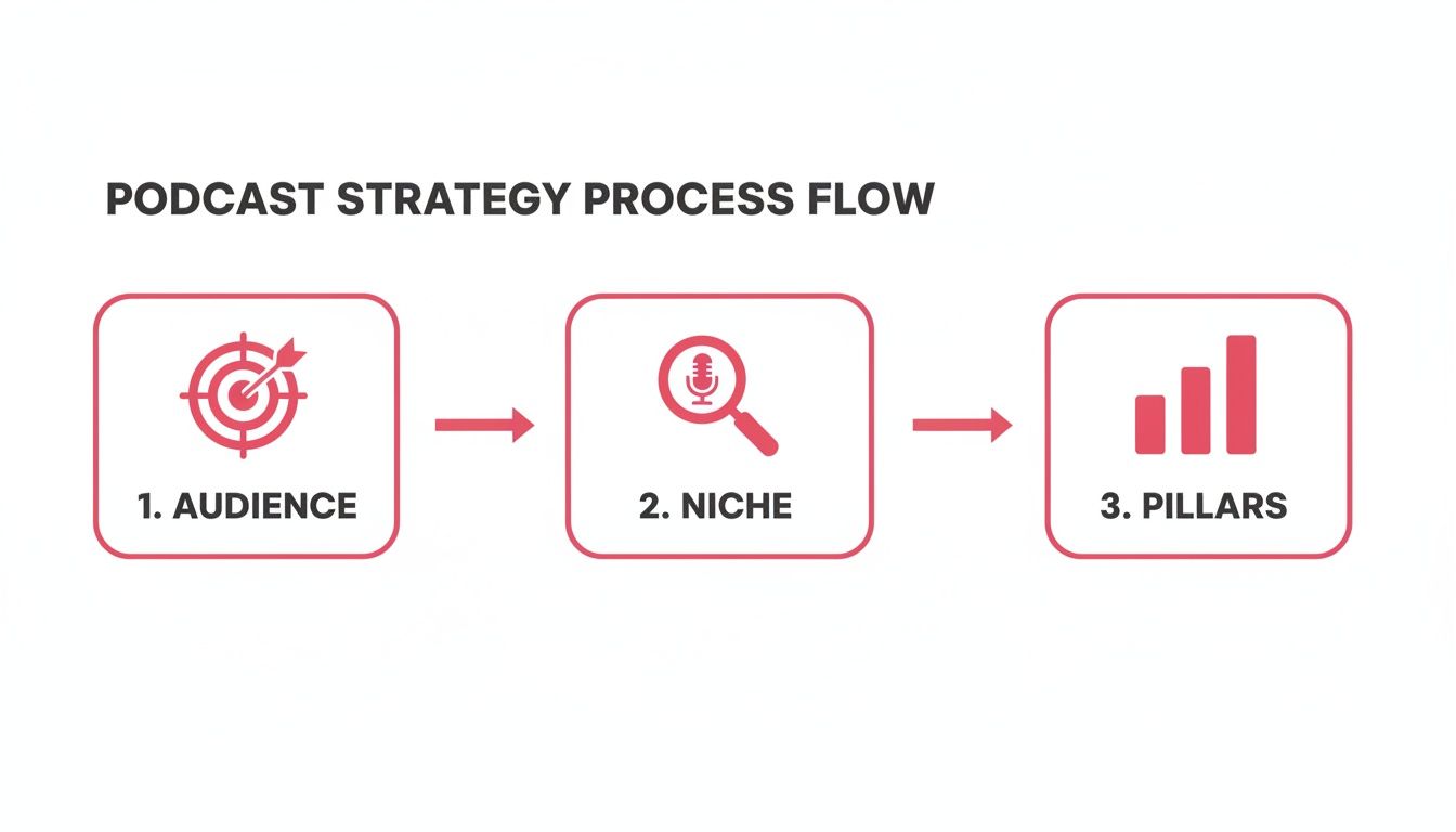 A podcast strategy process flow diagram illustrating three key steps: Audience, Niche, and Pillars.