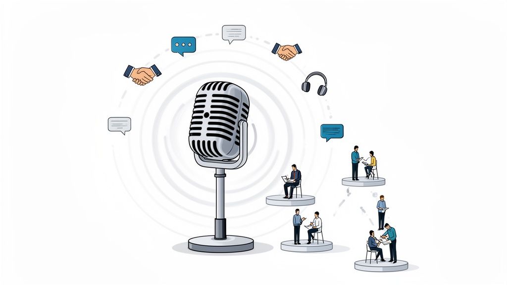 An illustration of a microphone at the center with communication icons and groups of people discussing, symbolizing podcasting and collaboration.