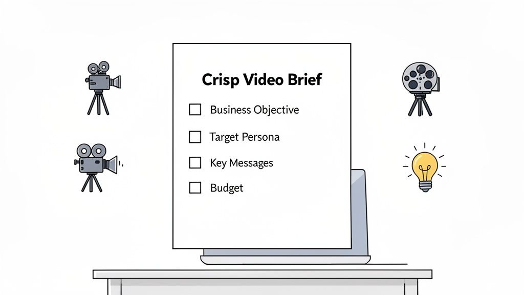 A laptop screen shows a 'Crisp Video Brief' checklist, surrounded by cartoon film cameras and a lightbulb.