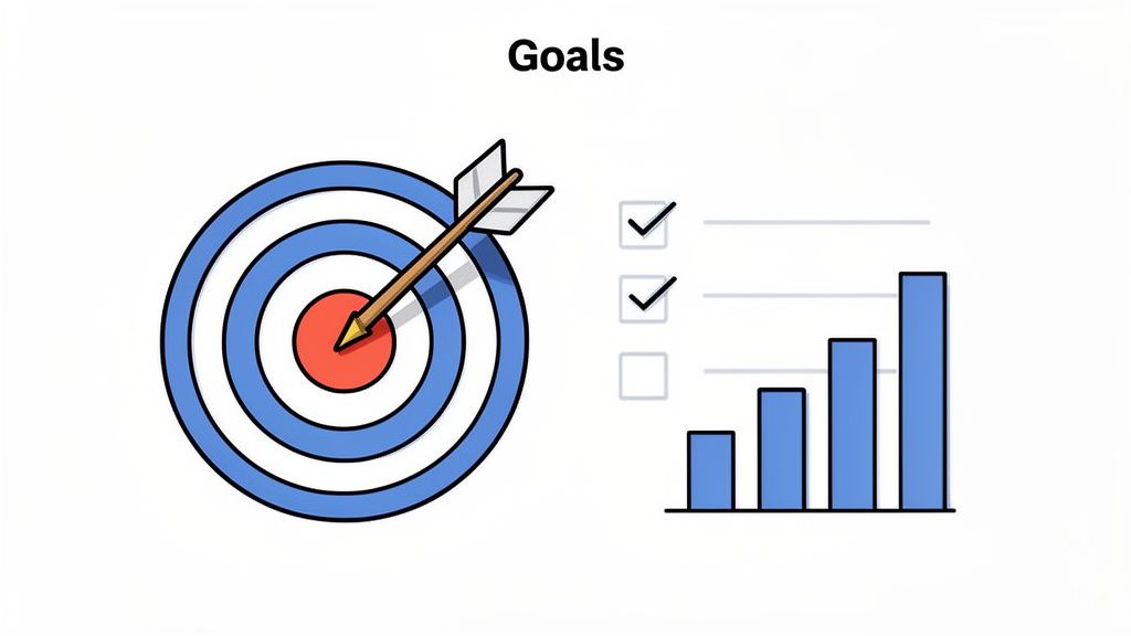 Illustration symbolizing goals: an arrow hits the bullseye, a checklist shows progress, and a bar graph rises.