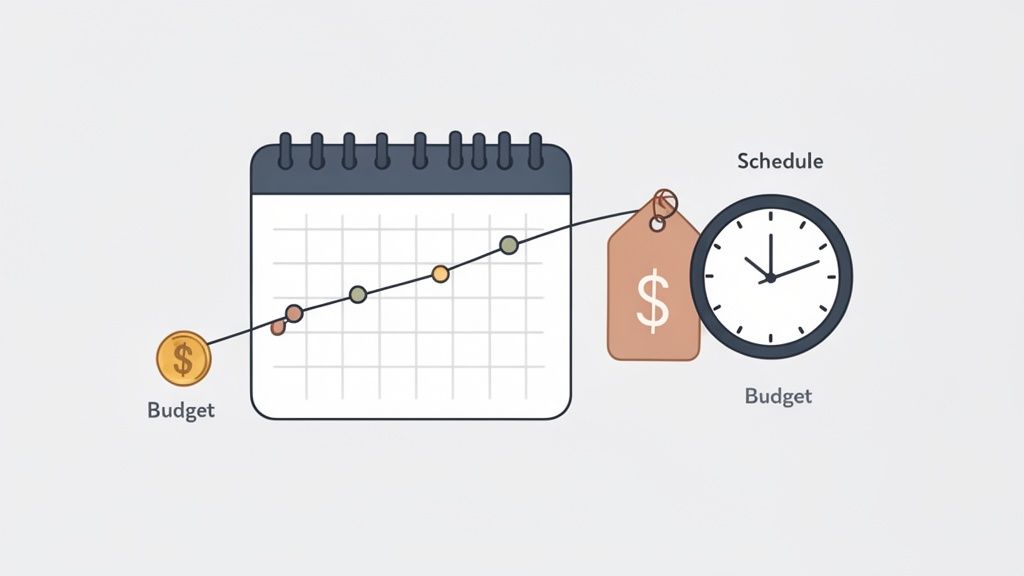 An illustration showing a calendar with a line graph, a budget coin, a price tag, and a clock representing schedule and budget.