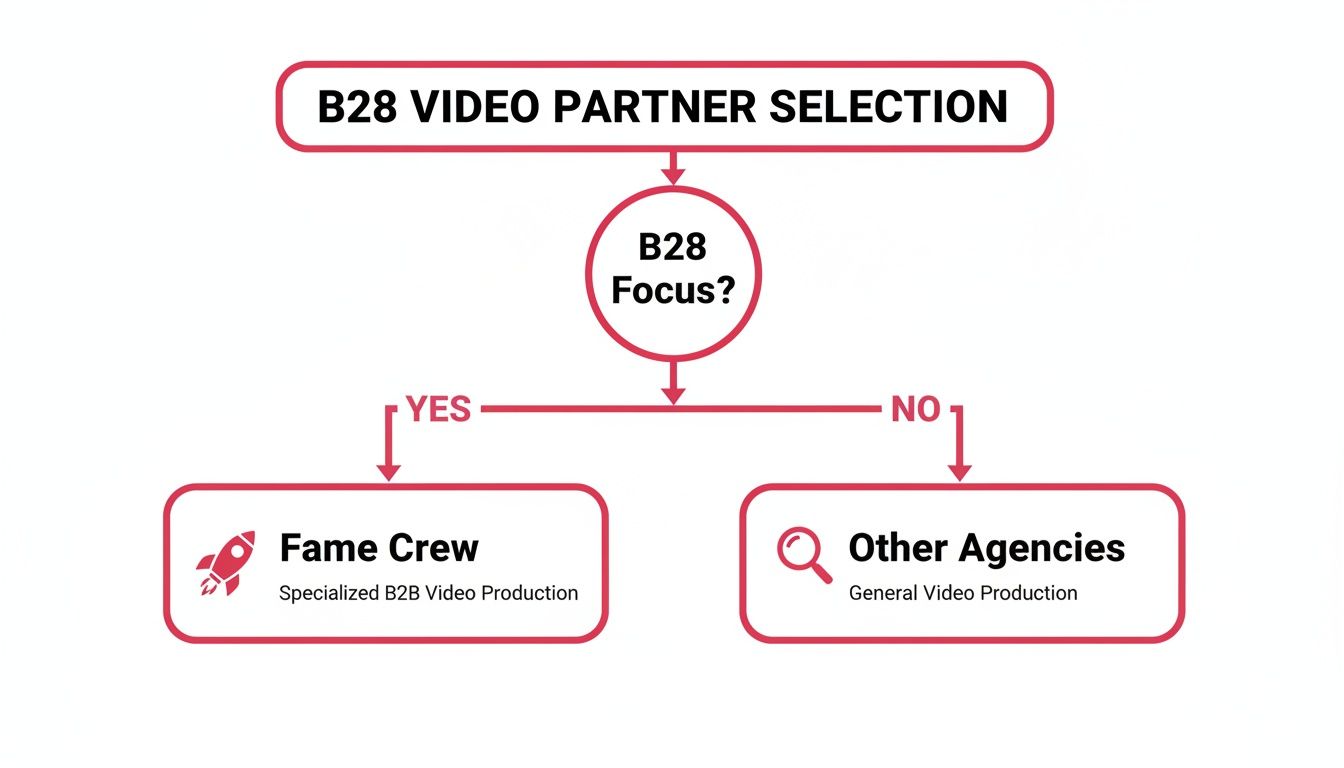 A flowchart for B2B video partner selection: B2B focus leads to Fame Crew, otherwise Other Agencies.