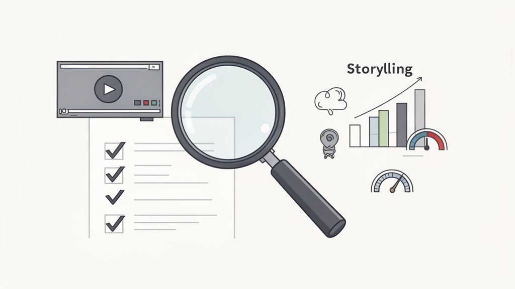 Graphics depicting a video player, checklist, magnifying glass, storytelling graph, and performance gauges.