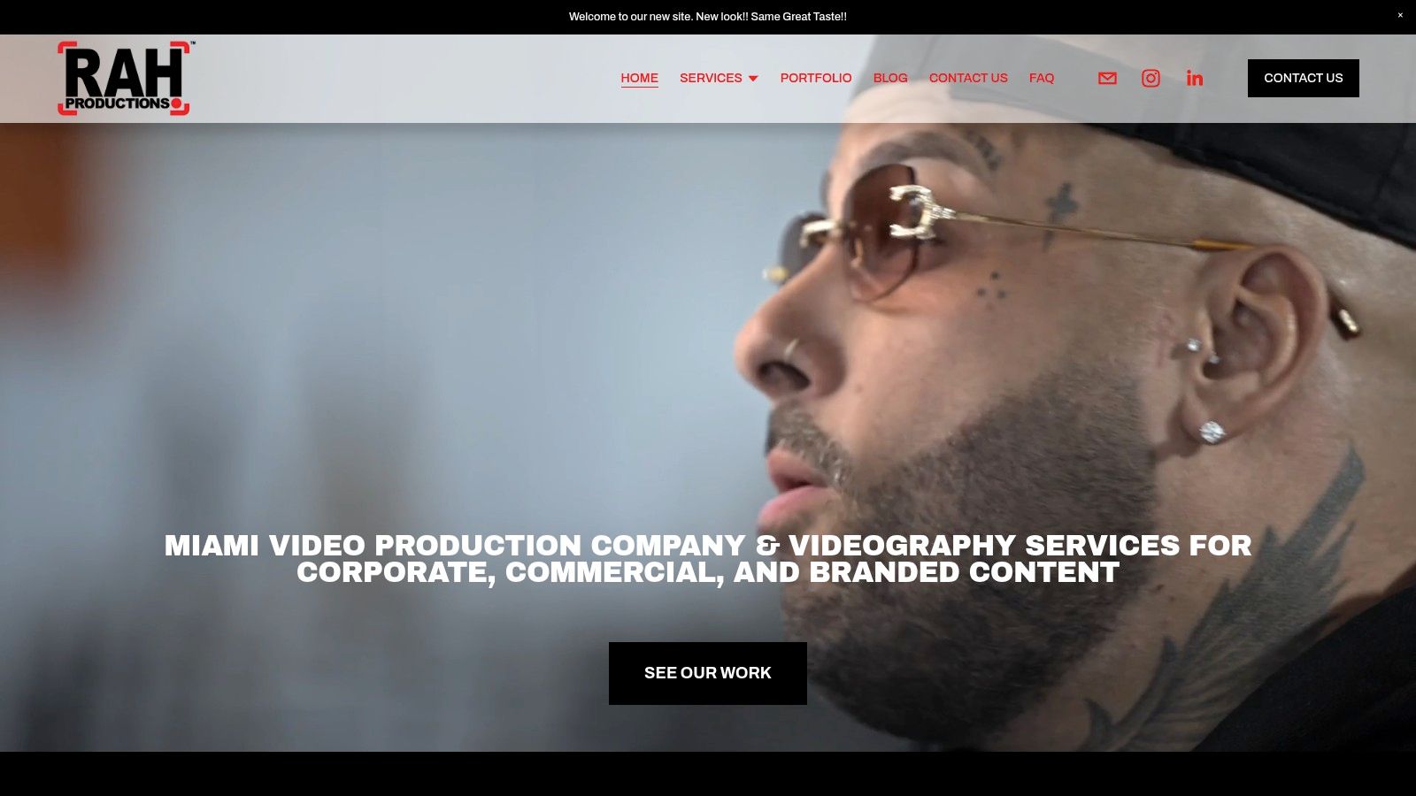 A screenshot of the RAH Productions website, showcasing their corporate and commercial video services in Miami.