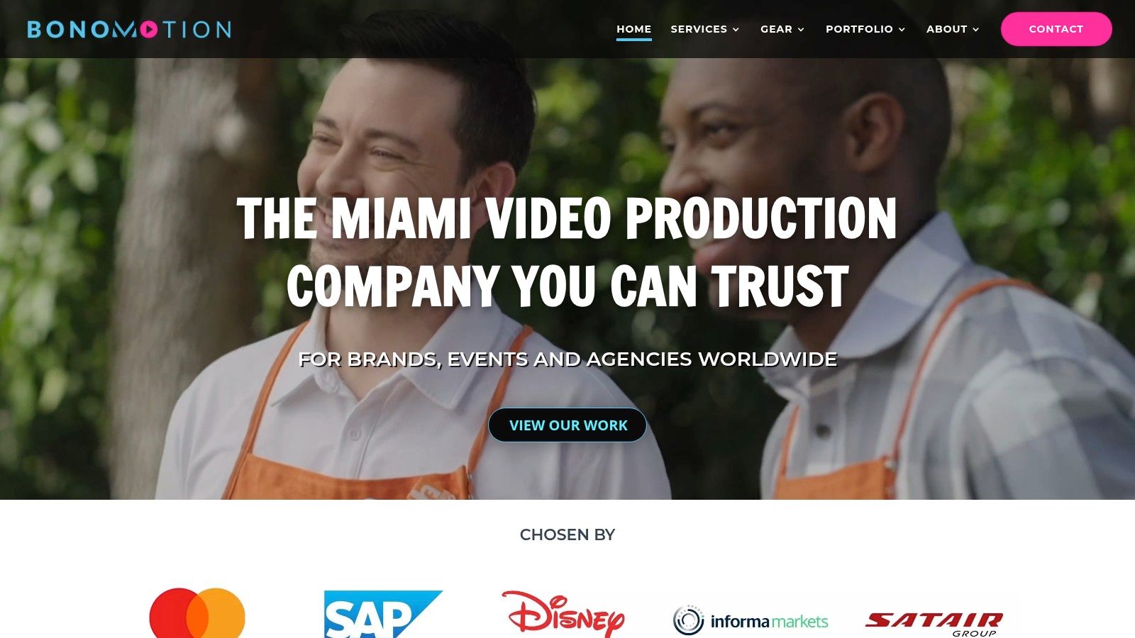A screenshot of the Bonomotion website homepage, showcasing their video production services in Miami.