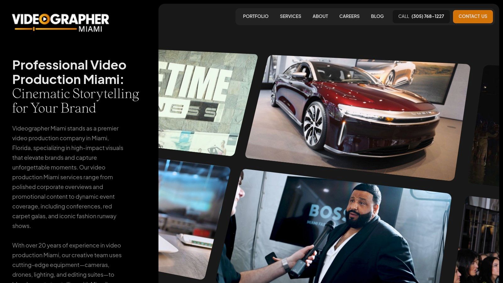A screenshot of the Videographer Miami website homepage, showcasing their multi-vertical video production services.