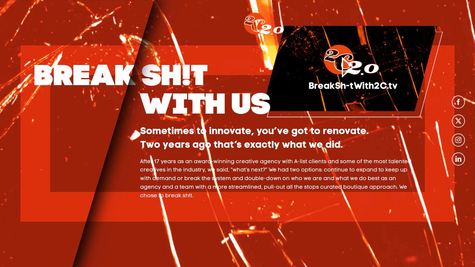 A screenshot of the 2C Media website, showcasing their creative work in broadcast and branded entertainment.