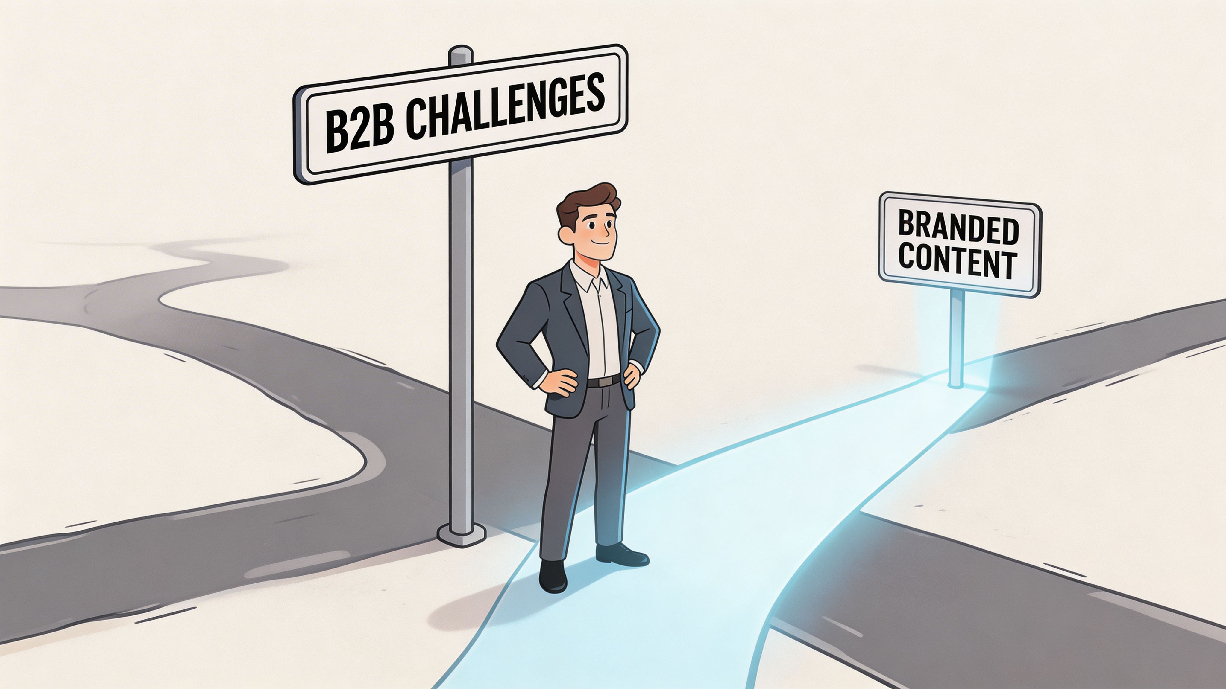 A businessman standing at a crossroads choosing the path of branded content marketing for B2B success.