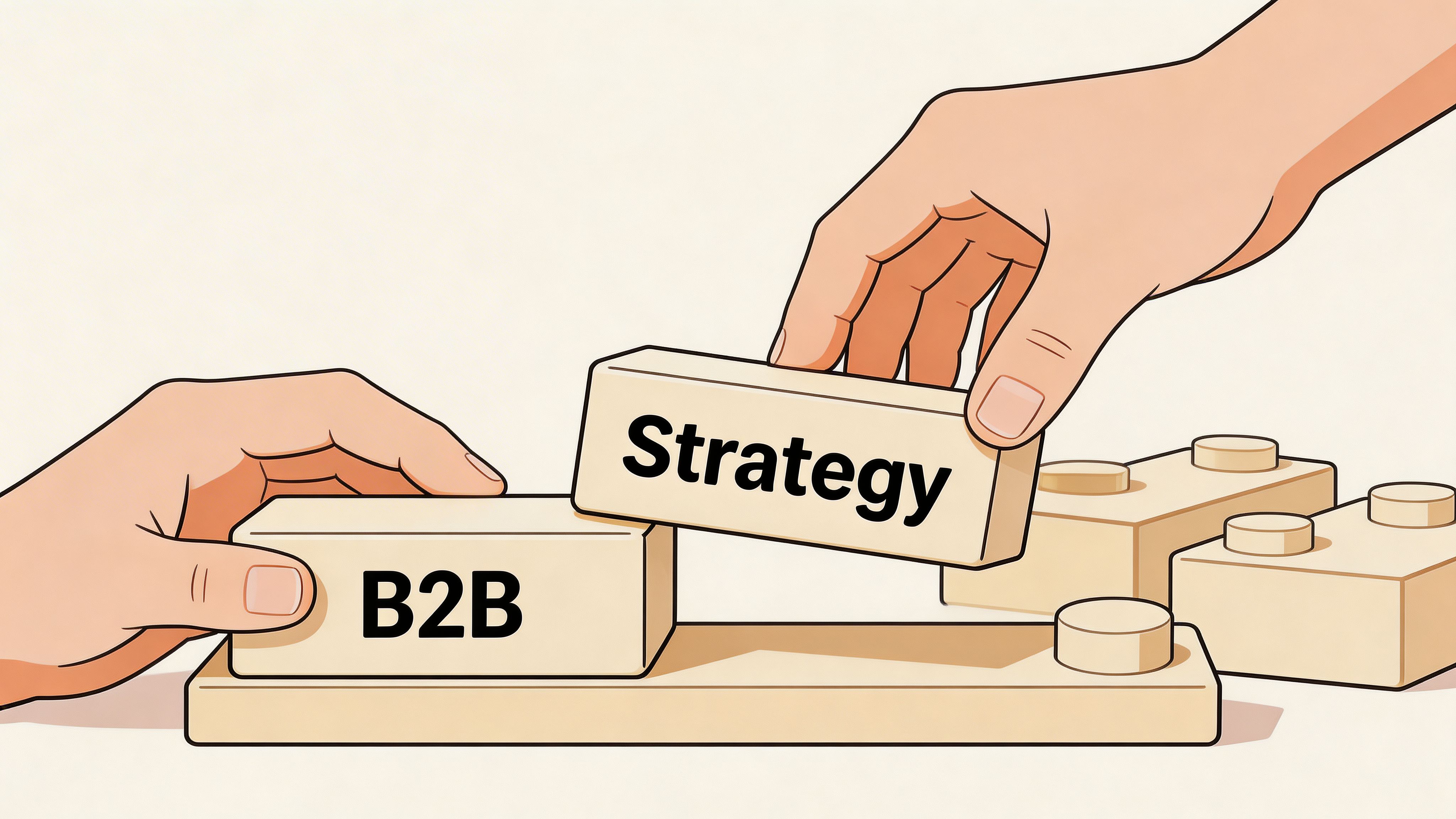 A hand placing a wooden block labeled Strategy next to a block labeled B2B in a game.
