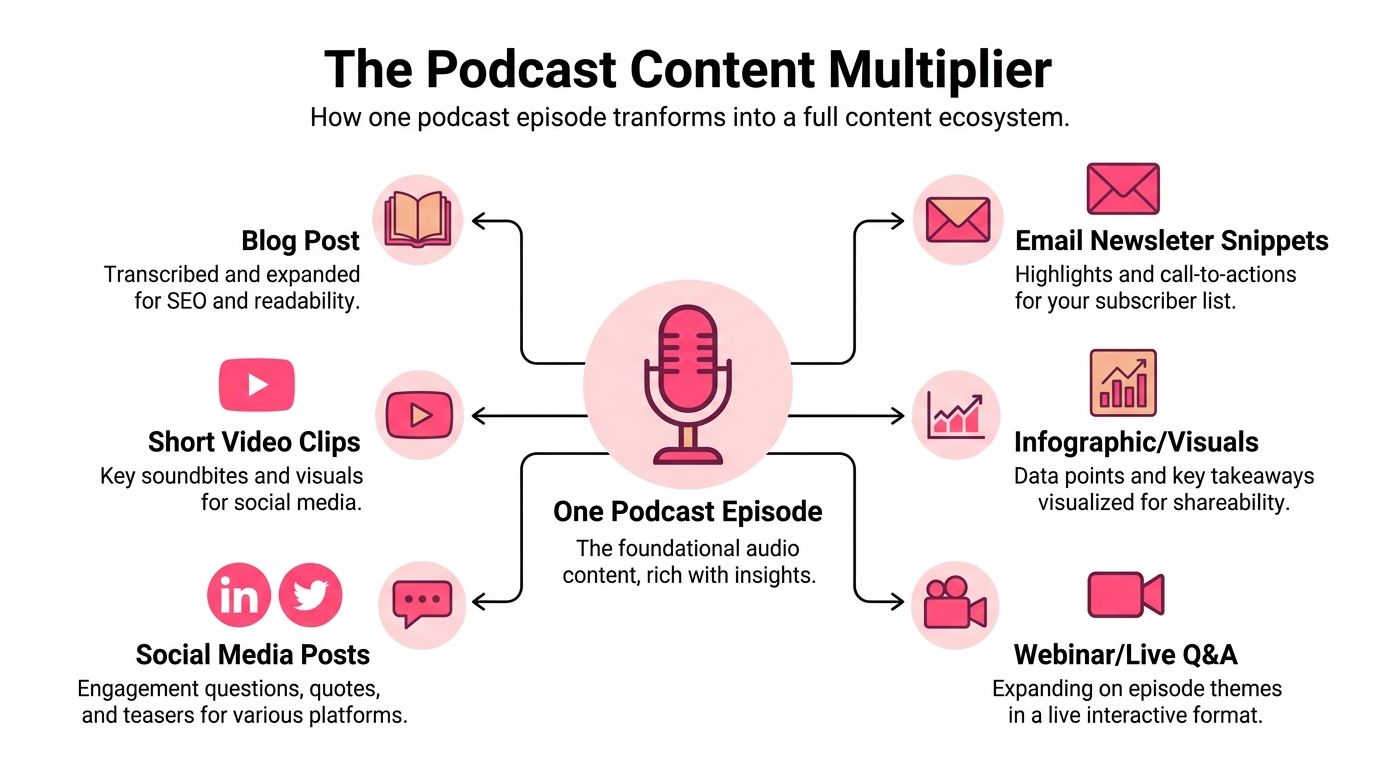 A diagram illustrating how a single podcast episode can be repurposed into multiple types of content.