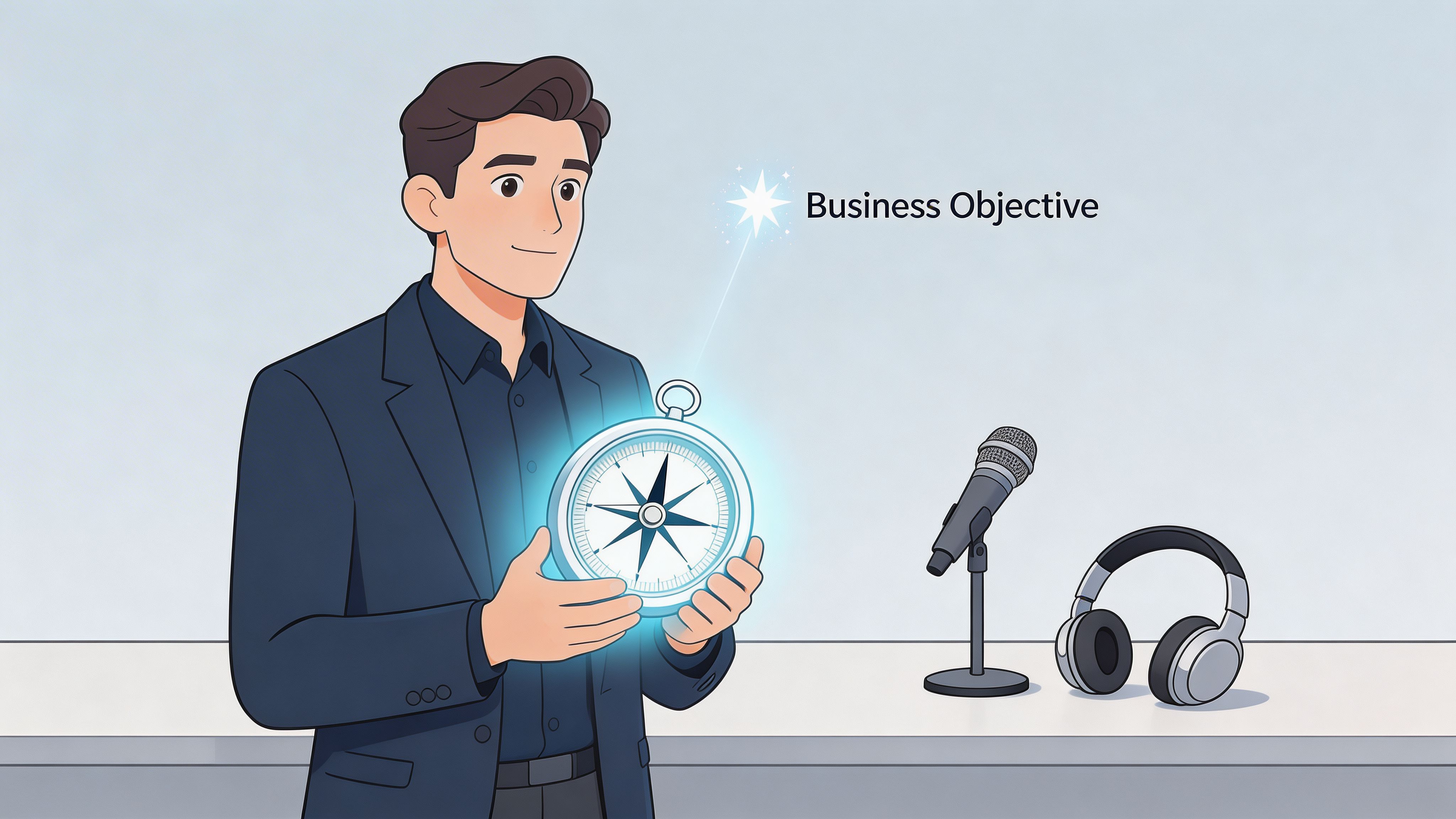 A professional man holding a glowing compass as he considers a podcast business objective strategy.
