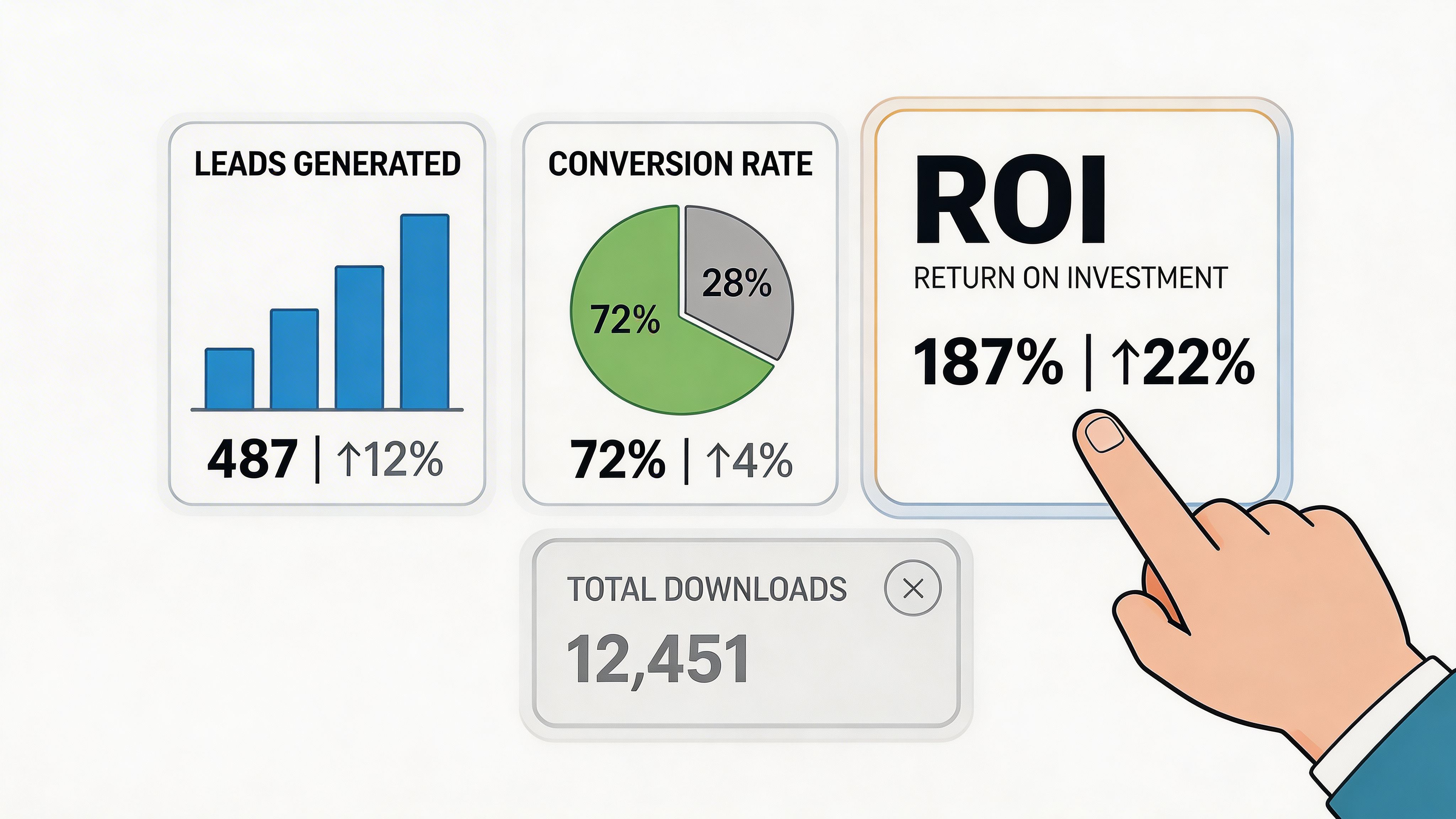 A hand selecting a digital ROI performance dashboard showing metrics like leads, conversion rates, and total downloads.