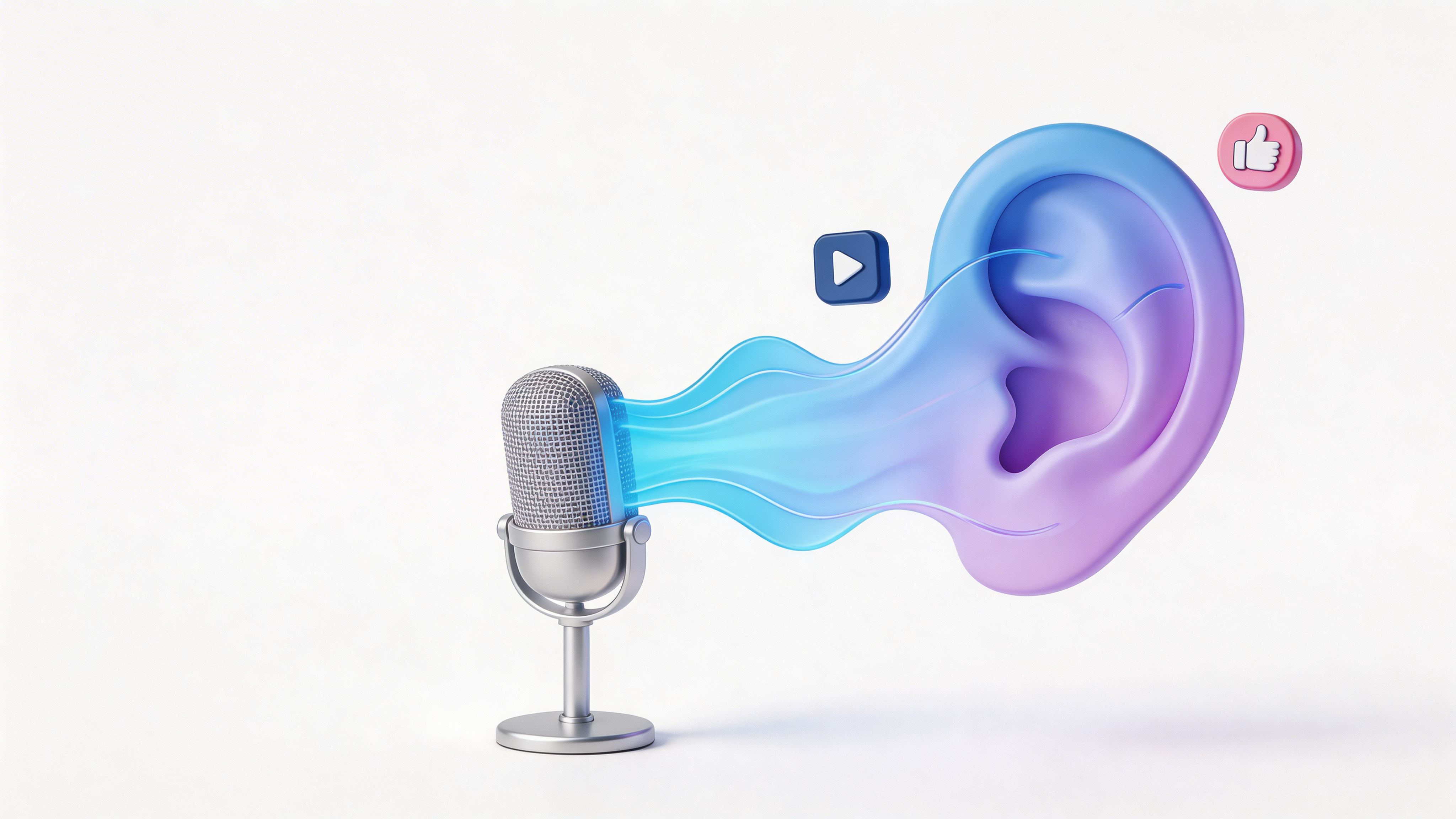 A 3D microphone broadcasting sound waves toward a human ear with social media and video icons nearby.