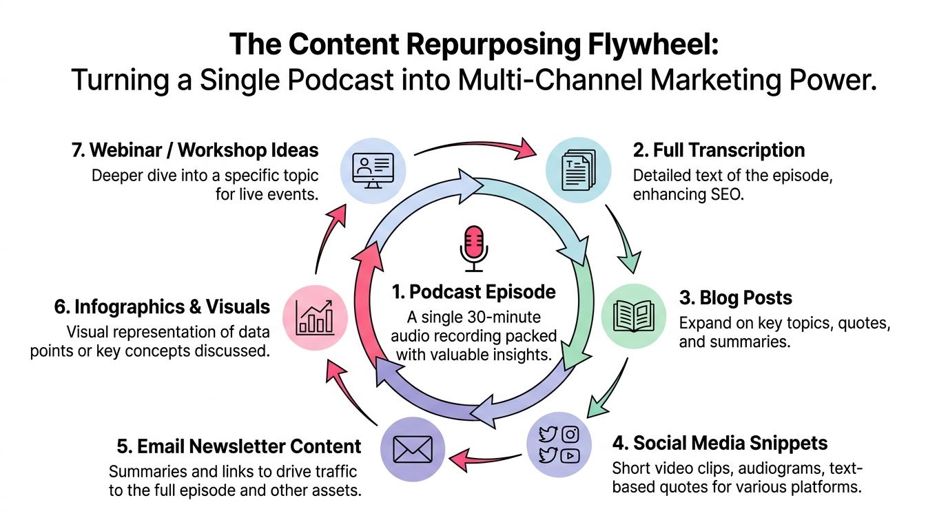 A diagram illustrating the content repurposing flywheel, showing how a podcast episode creates seven marketing assets.