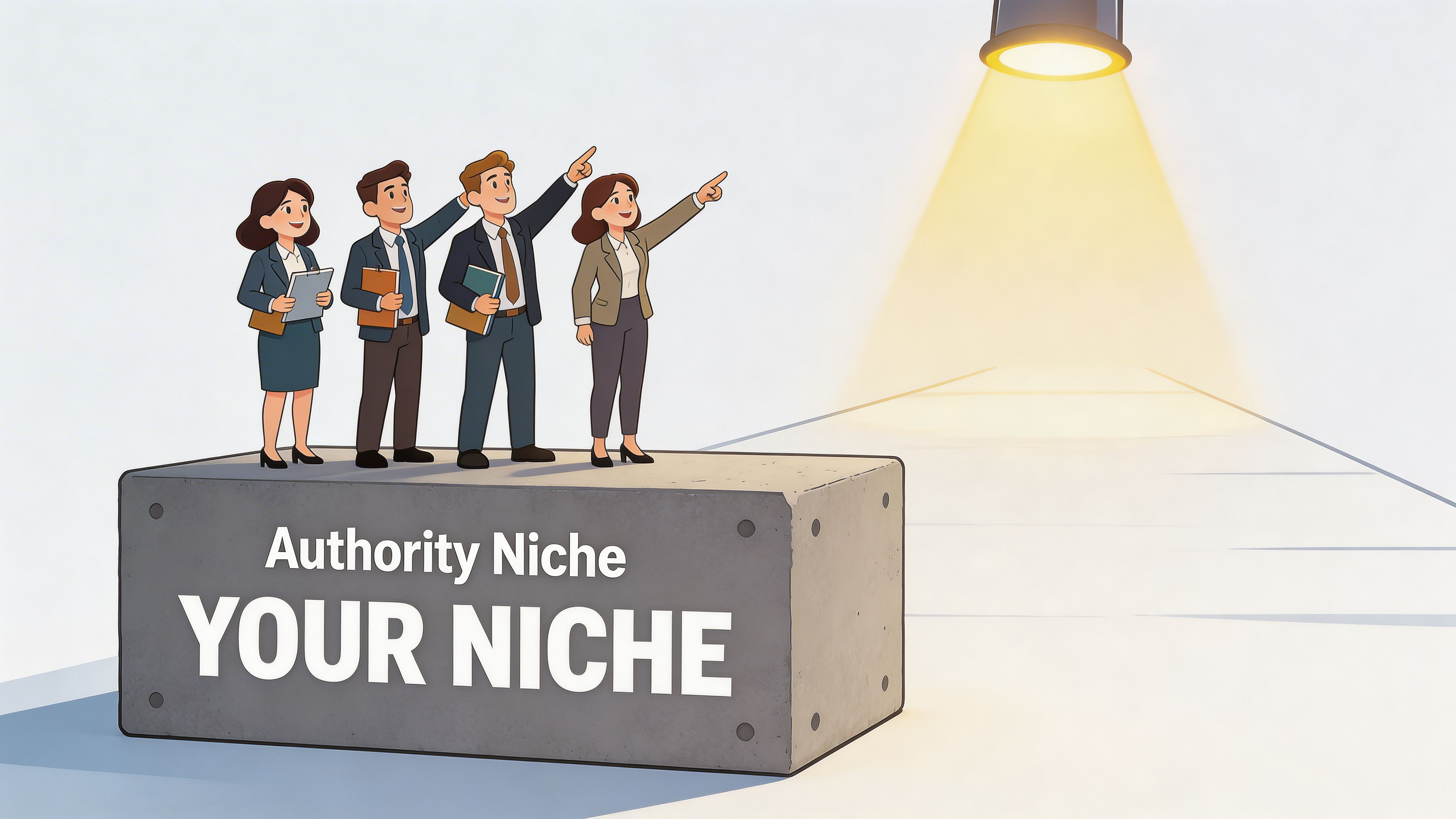 A group of professionals standing on a concrete block labeled Authority Niche, pointing toward a bright spotlight.