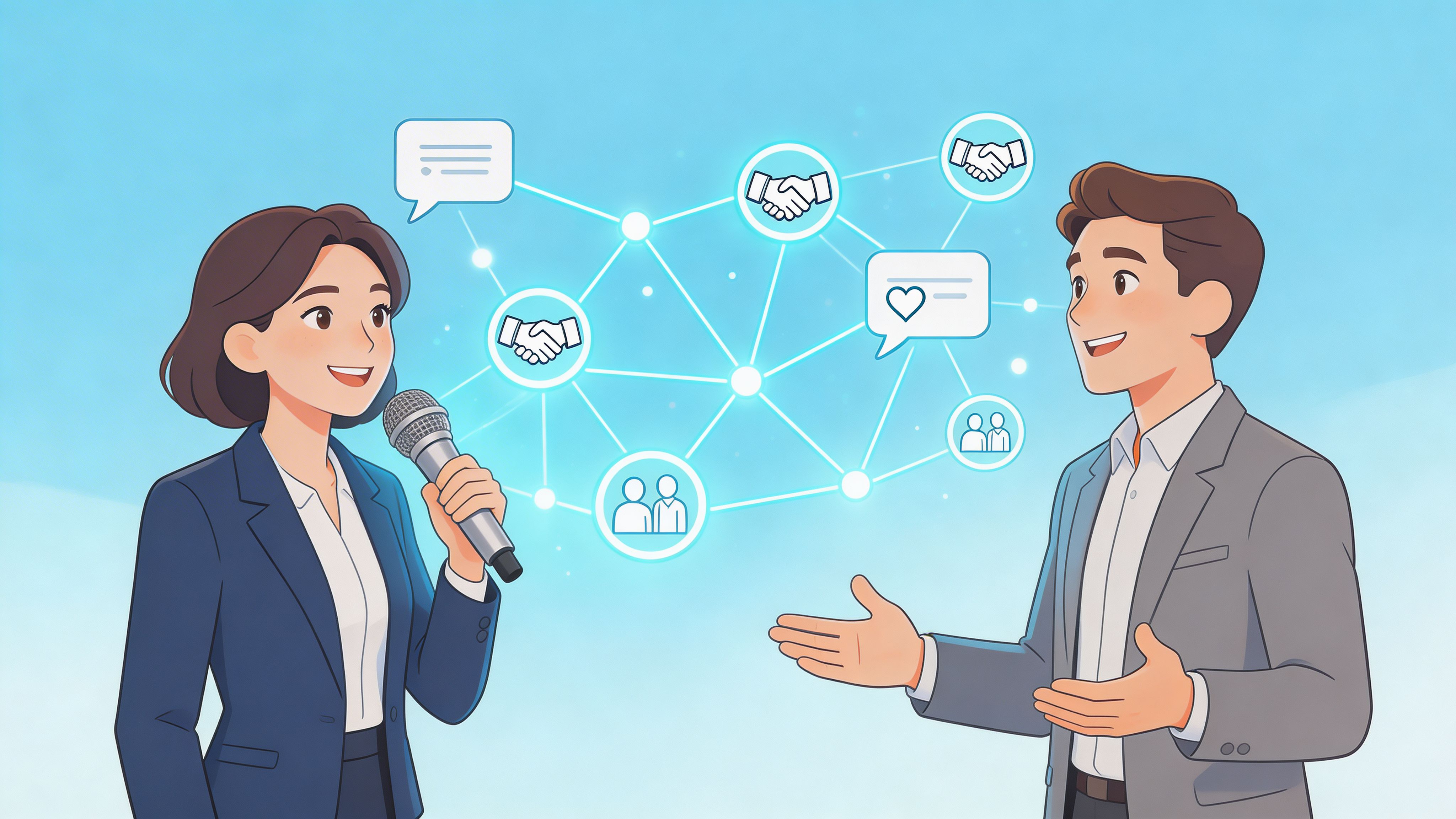 A professional woman interviewing a man in a business suit with a digital network icon background.