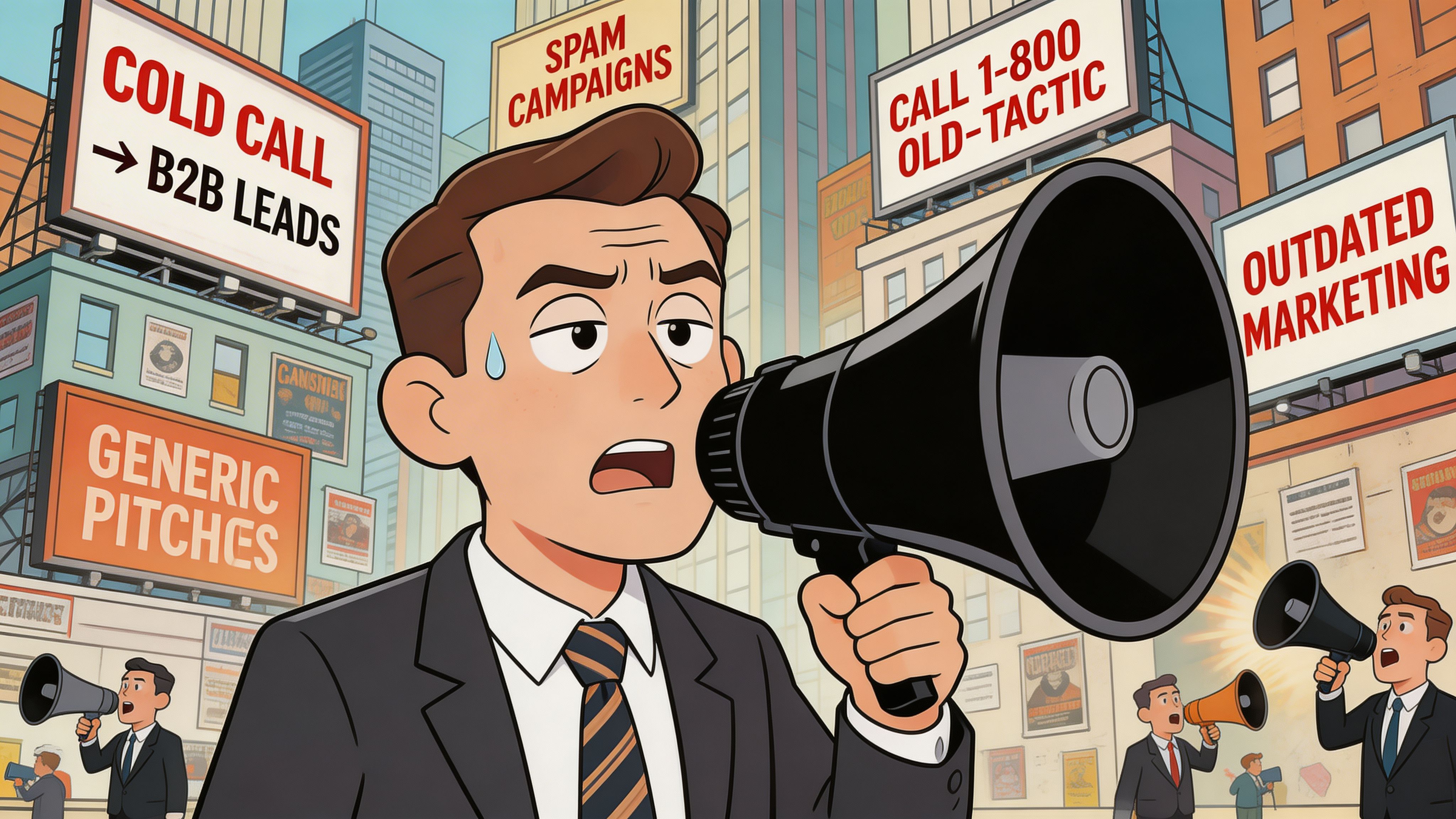 A concerned businessman shouting into a megaphone amidst billboards advertising outdated and aggressive marketing tactics.