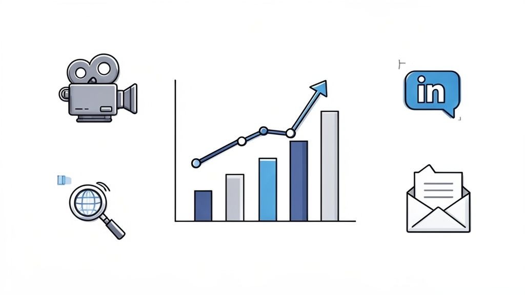 Icons representing video content, business growth, global search, social media, and email communication.