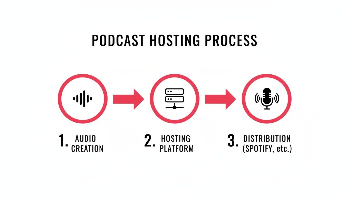 Infographic illustrating the podcast hosting process with three steps: audio creation, hosting platform, and distribution.