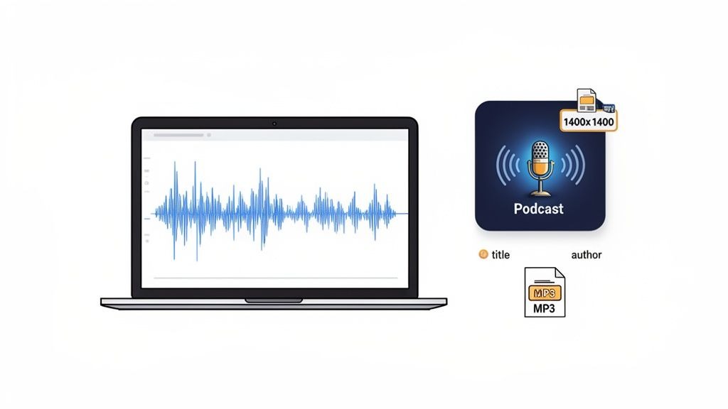 A laptop showing an audio waveform next to a podcast icon, MP3 file, and metadata.