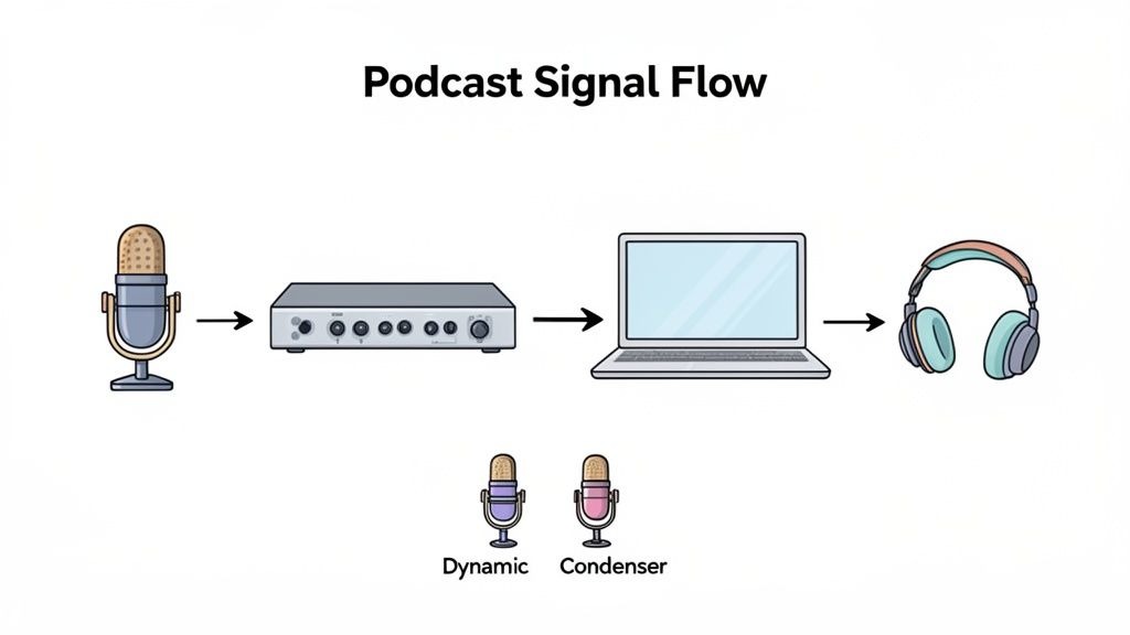 Diagram illustrating the podcast signal flow: microphone to audio interface, then laptop to headphones, with mic types.