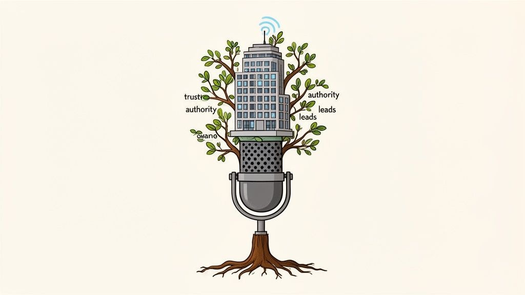Skyscraper on a podcast microphone, surrounded by leaves labeled trust, authority, and leads, with a wireless signal.