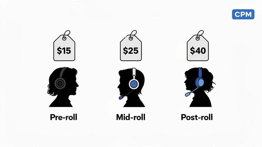 An illustration showing podcast ad costs: $15 for pre-roll, $25 for mid-roll, and $40 for post-roll.