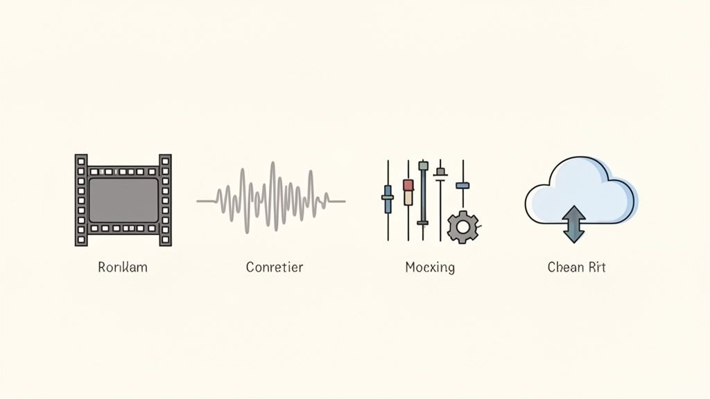 Four minimalist icons depicting film, audio waves, sound mixing, and cloud storage processes.