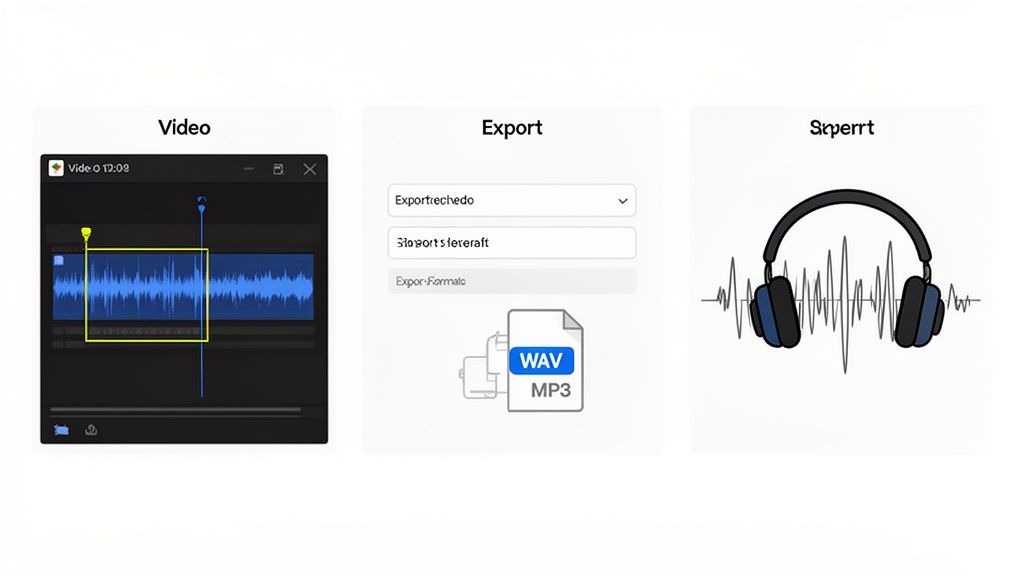 Visual guide showing video editing, audio export formats like WAV/MP3, and headphones with sound waves.