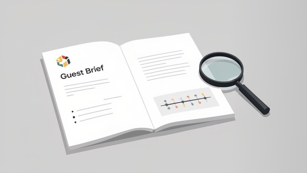 Open 'Guest Brief' document with colorful logo, text, and timeline, beside a magnifying glass.